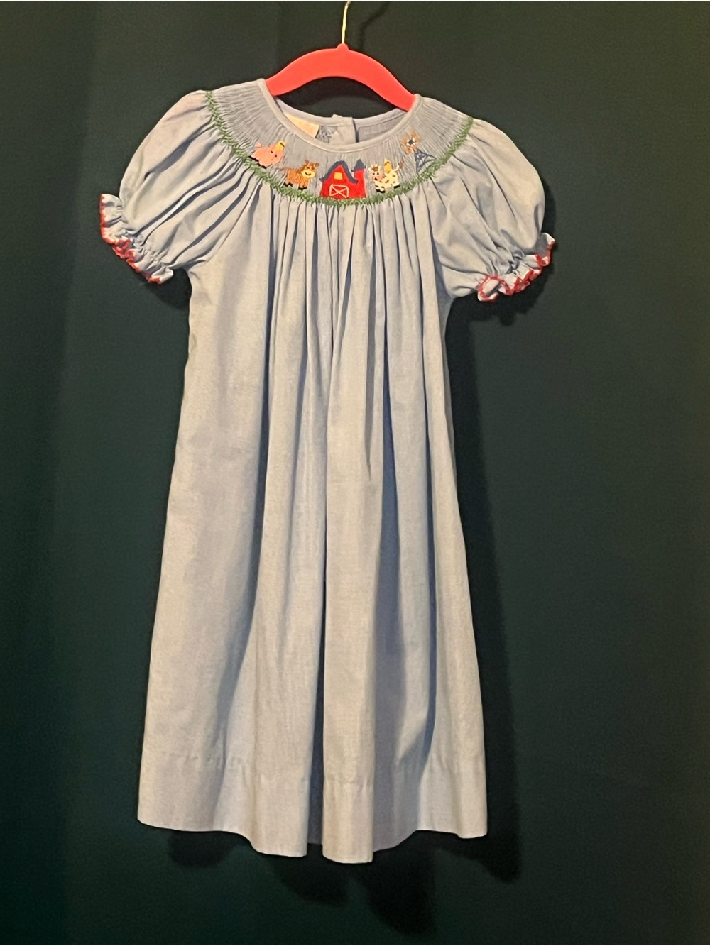 Light Blue Smocked Kids Dress with Farm Animal Embroidery